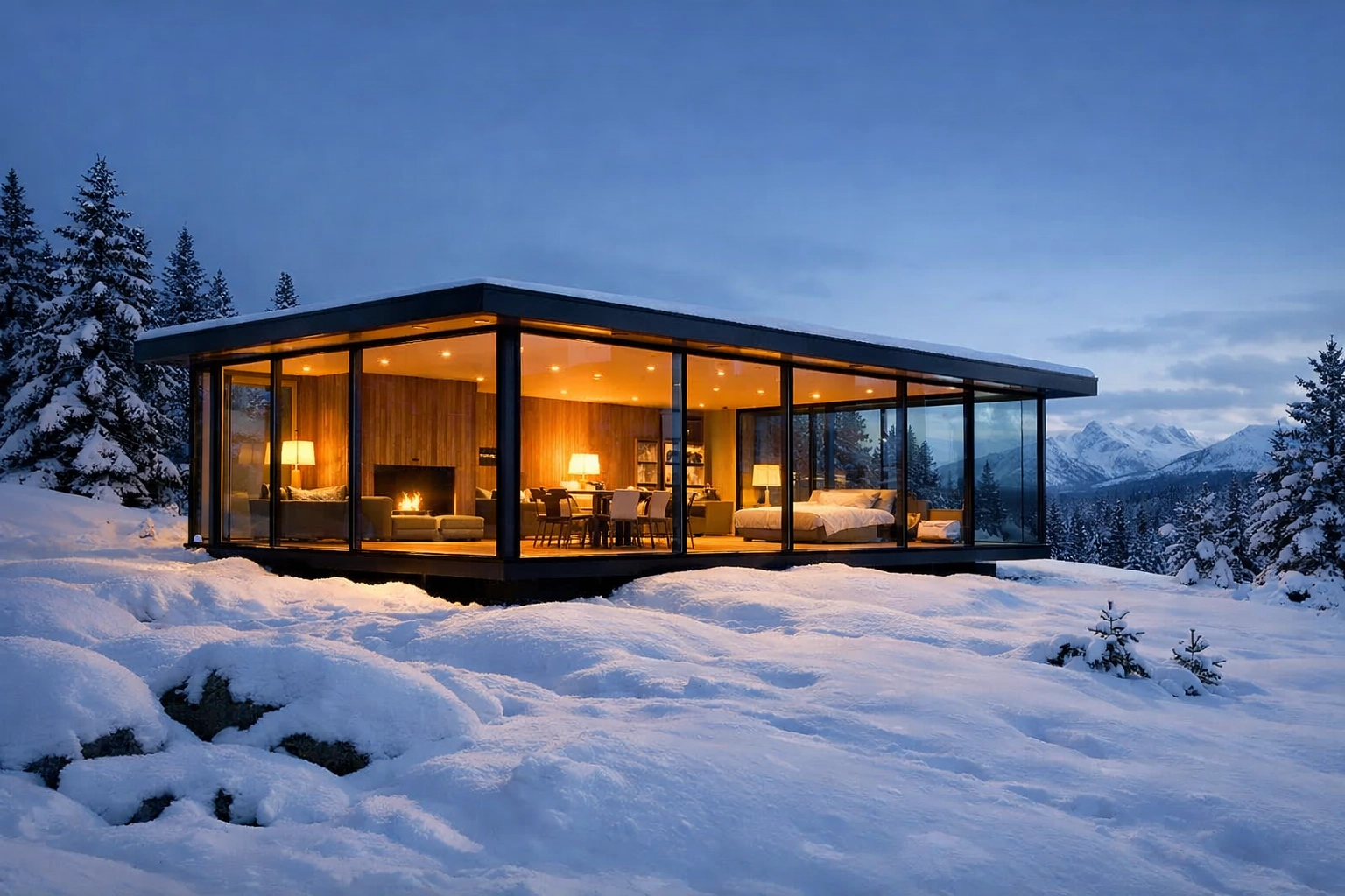 Modern Glass Cabin with Snow Views