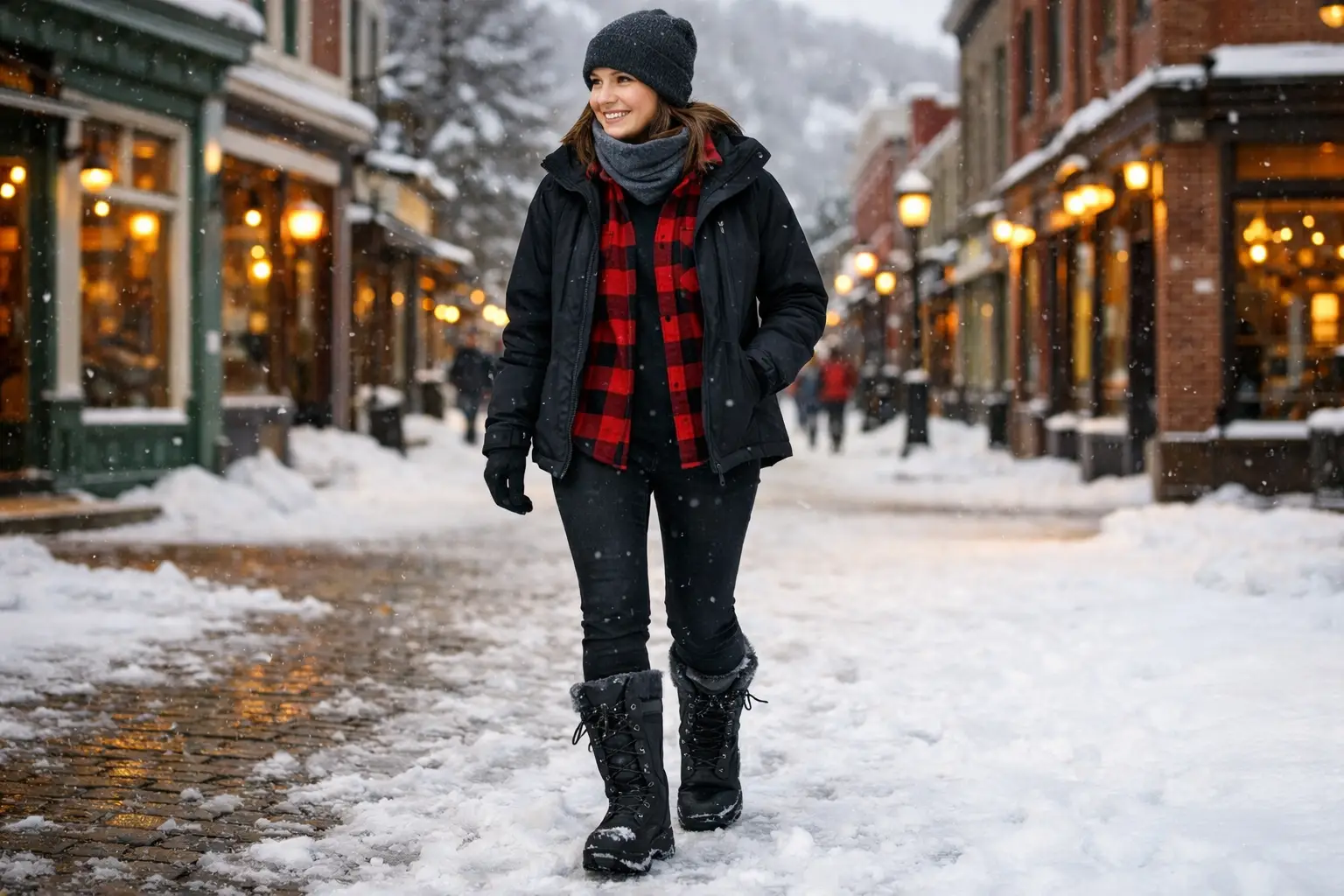 The Waterproof Snow Boots and Flannel Main Street Outfit