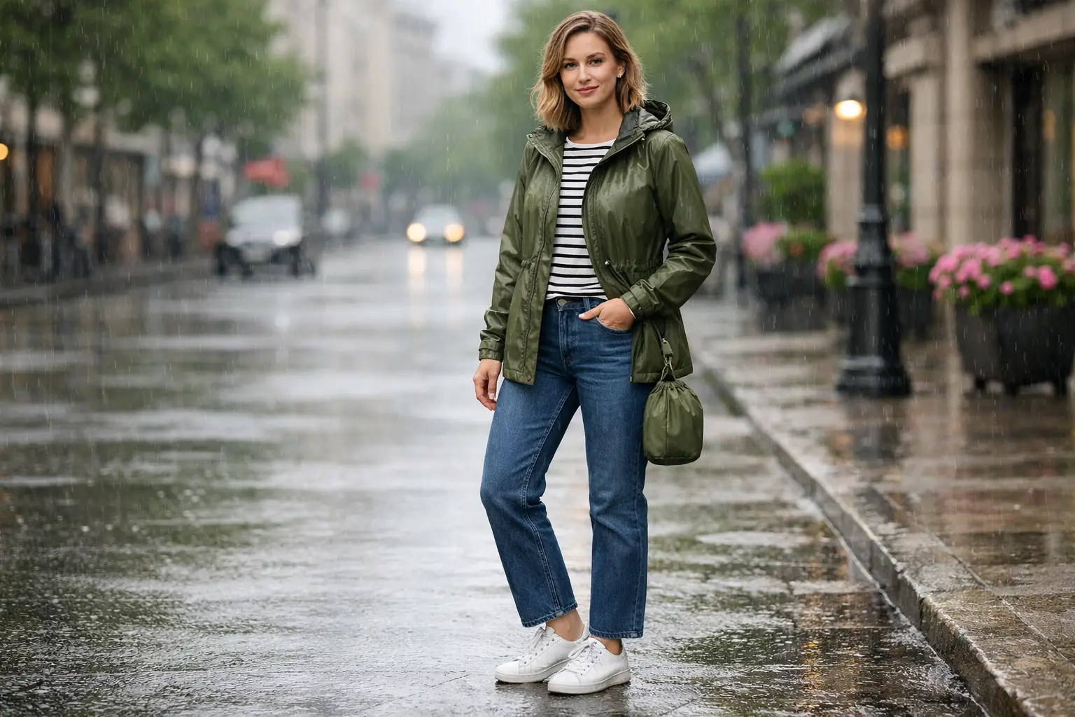 The Packable Rain Jacket Over a Smart Casual Outfit