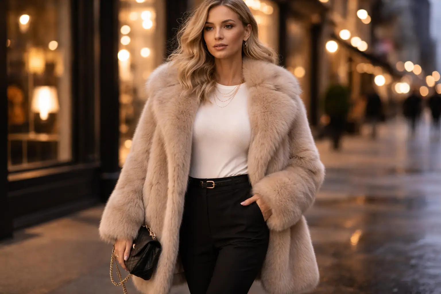 Faux Fur Coat with Simple Outfit