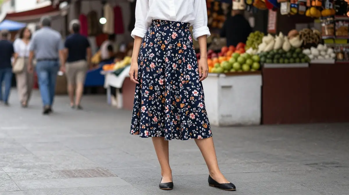 Midi Skirt with a Blouse for City Sightseeing