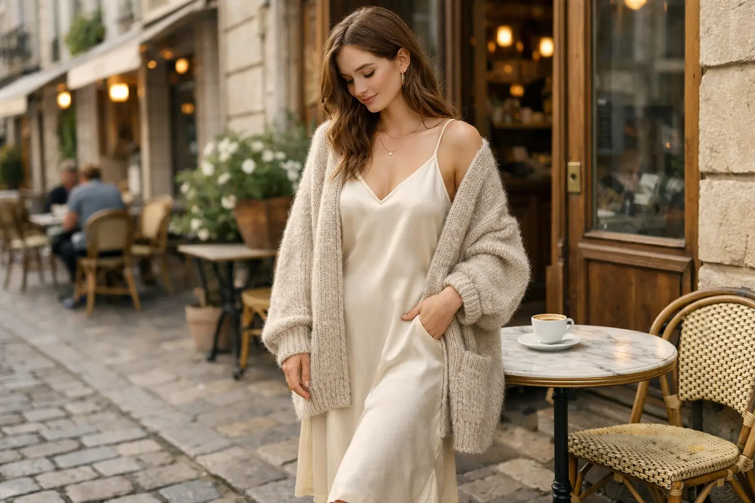 Oversized Cardigan with a Slip Dress