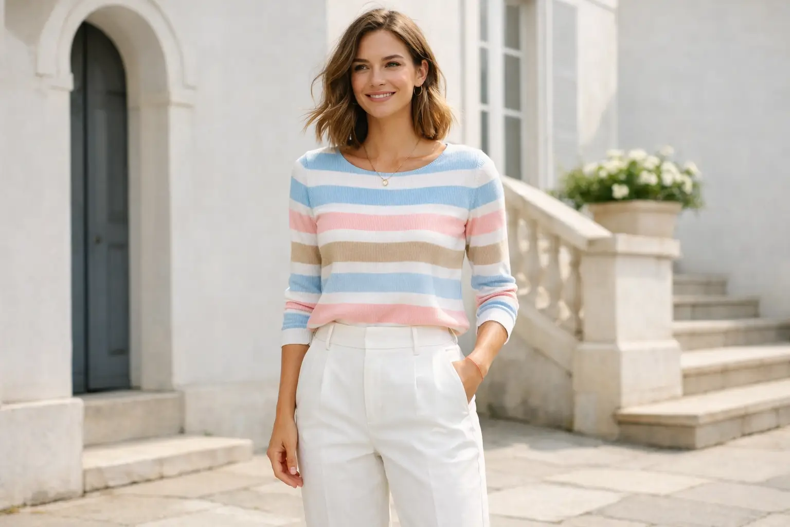 Spring Striped Top with White Pants