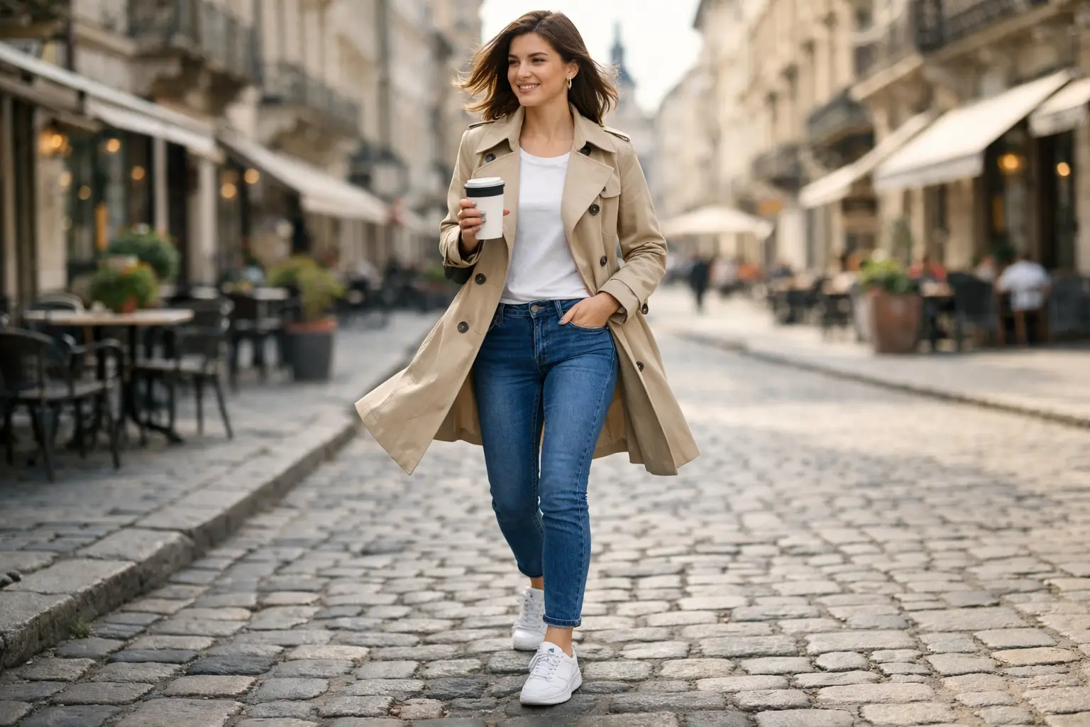 Spring Trench Coat with Jeans and Sneakers