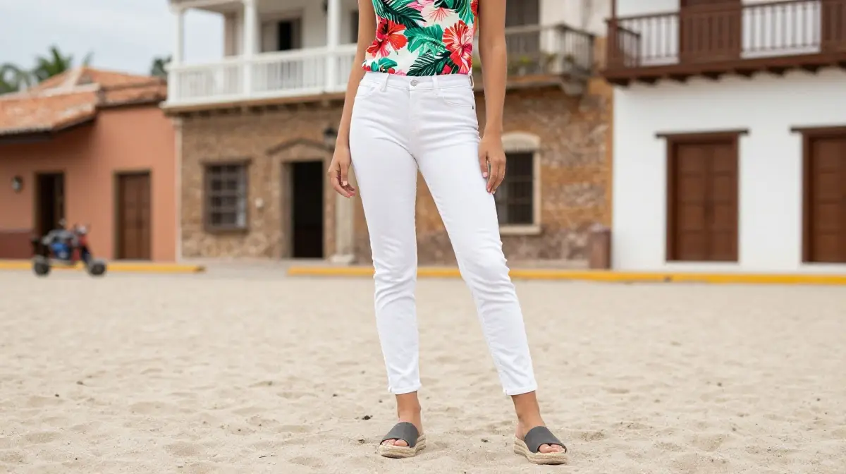 Tropical Print Top with White Jeans