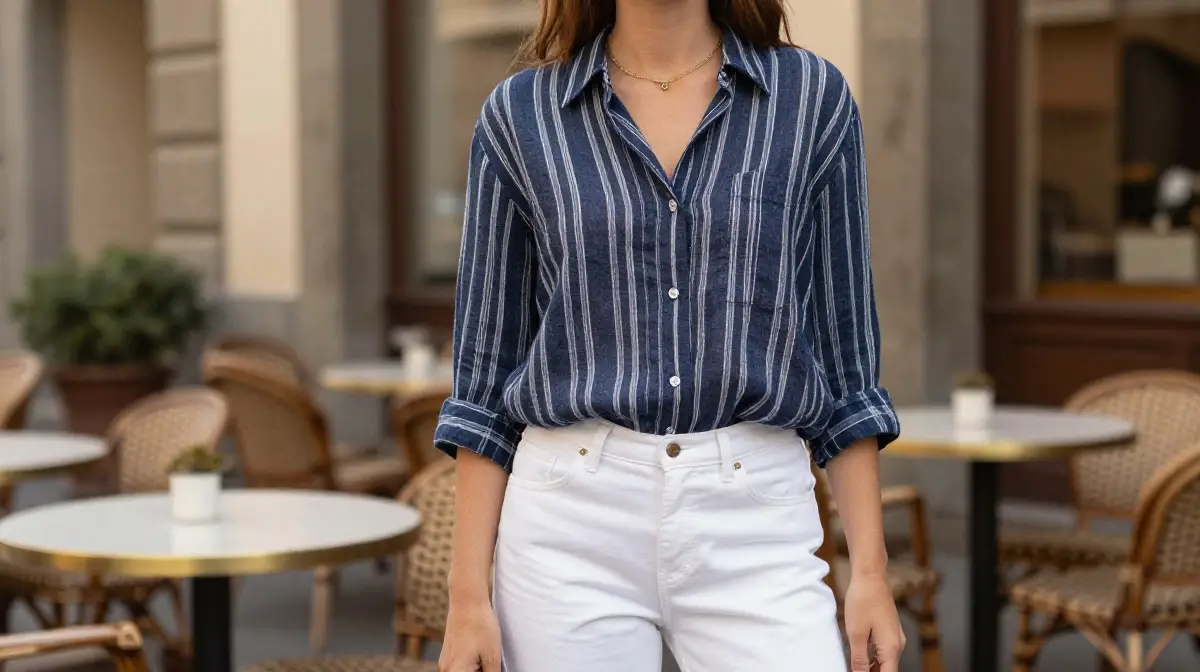 A Striped Linen Shirt with White Jeans