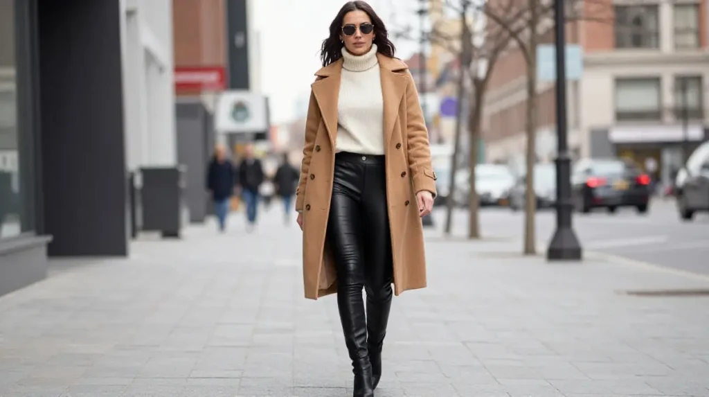 Camel Coat and Leather Leggings Outfit