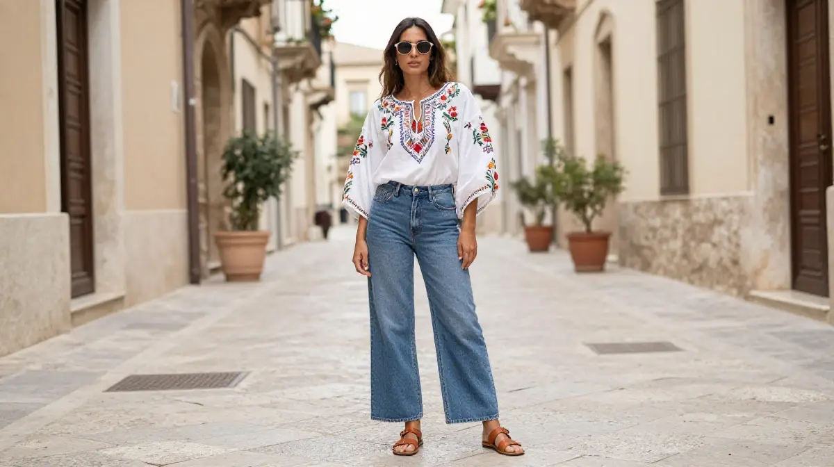 Embroidered Blouse with Wide-Leg Jeans