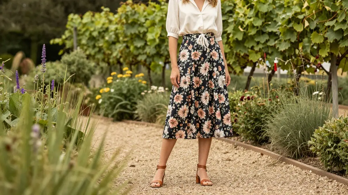 Floral Skirt with a Tucked-In Blouse