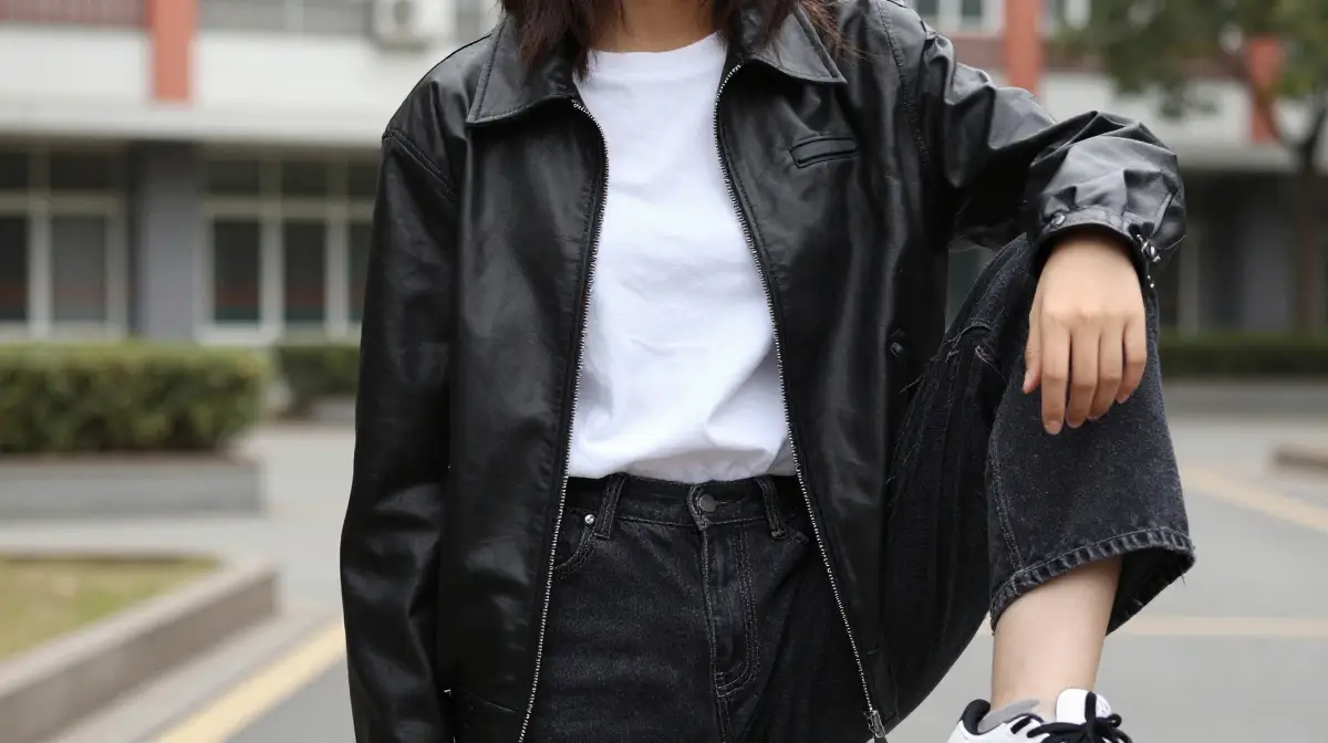 Leather Jacket with Band Tee and Jeans