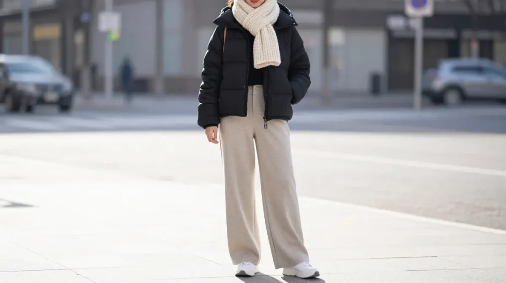 Puffer Jacket and Wide Leg Trousers Outfit