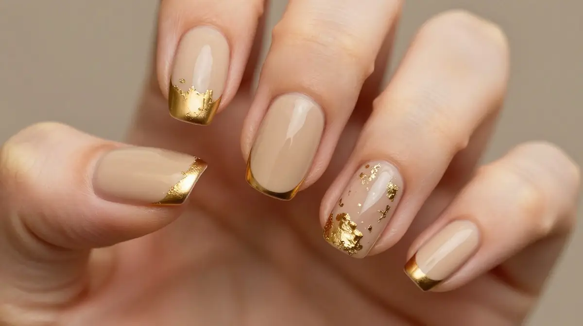 Sandy Beige and Gold Nails