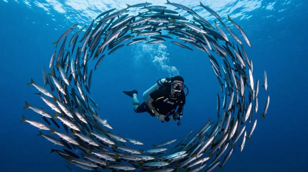 Sipadan Island, Malaysia — Schooling Barracuda and Turtles