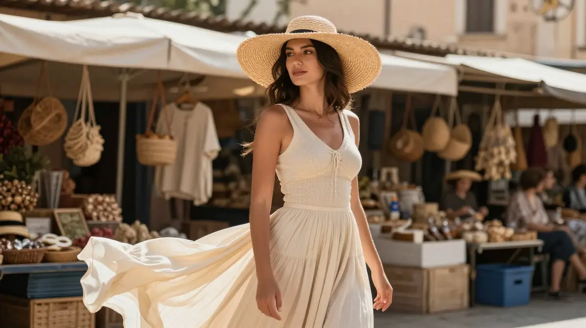 Straw Hat and Maxi Skirt Combination