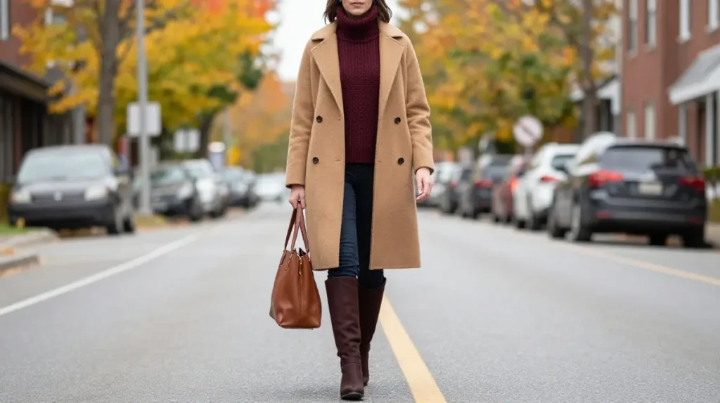 The Camel Coat and Burgundy Knit Outfit