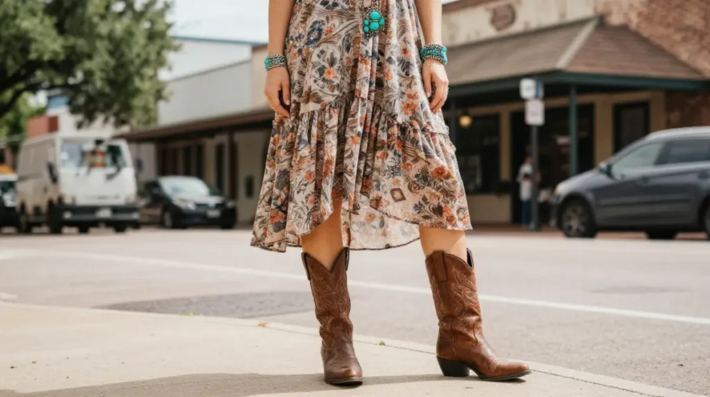 The Classic Cowboy Boot and Flowy Dress Combination