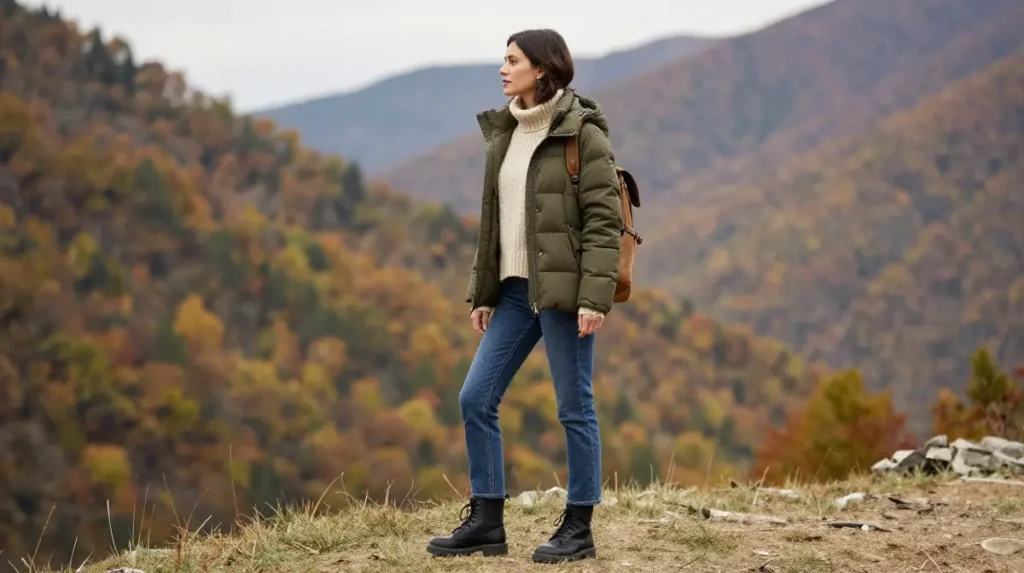 The Puffer Jacket and Straight Leg Jean for Mountain Travel