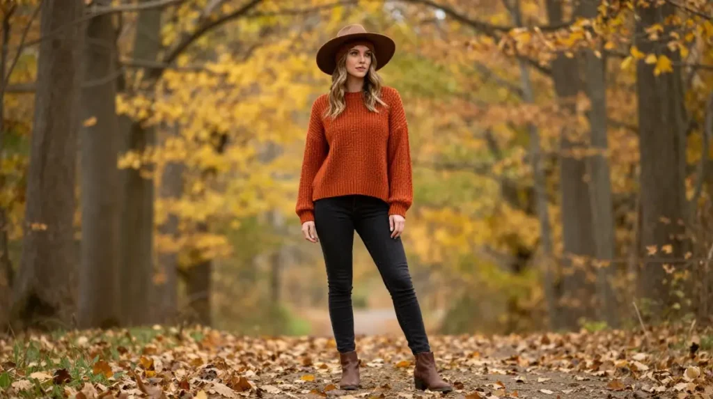 The Rust Orange Sweater and Dark Jean Outfit