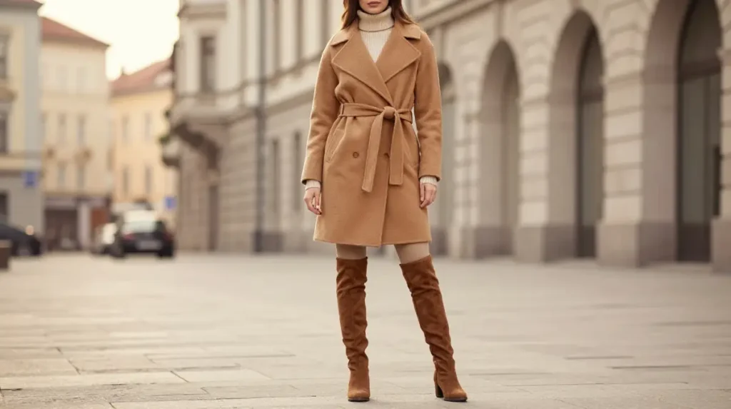 Wrap Coat and Knee-High Boots Outfit