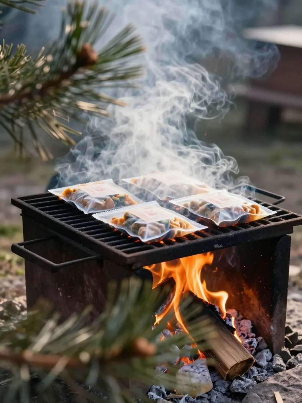 Suspended Metal Grates Defy Gravity Above Blazing Timber Pits