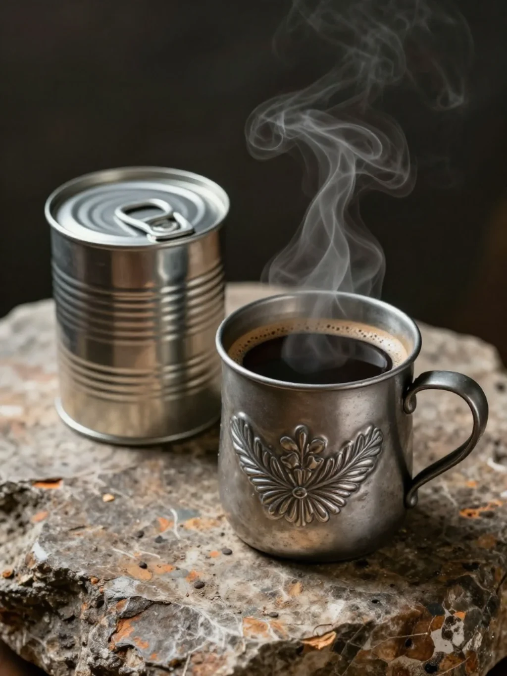 Sculpted Tin Mugs Anchor Wandering Eyelines Near the Sizzling Grate