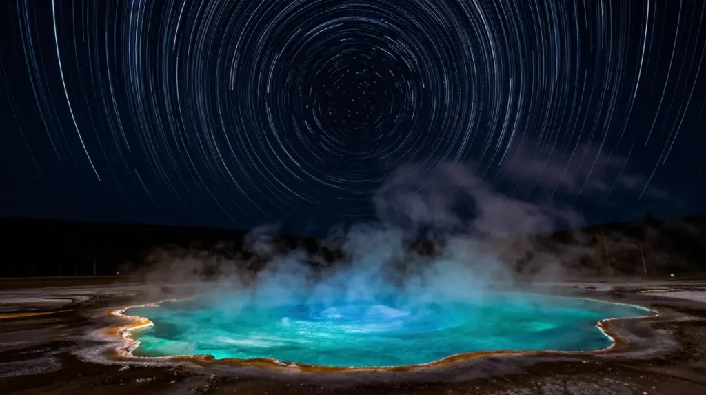 Nighttime Star Trail Over Thermal Features