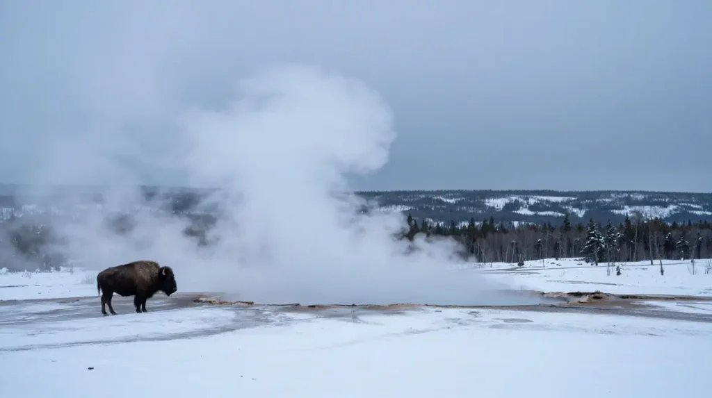 Winter Snow Landscape With Geothermal Steam