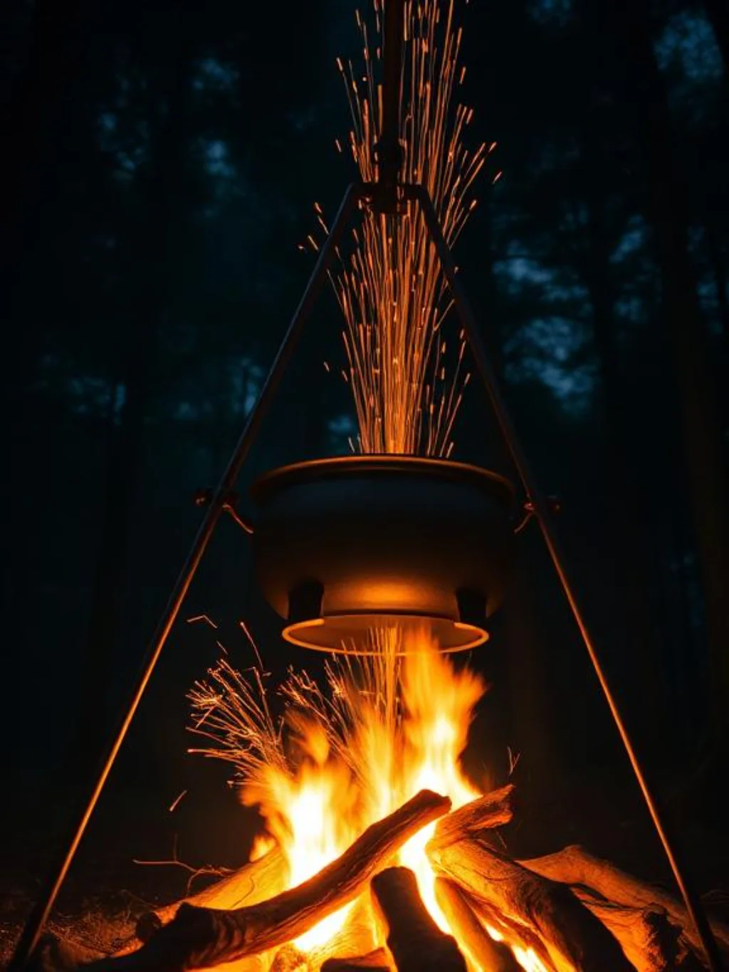 Suspended Heavy Cauldrons Defy Gravity Above Blazing Timber Pits