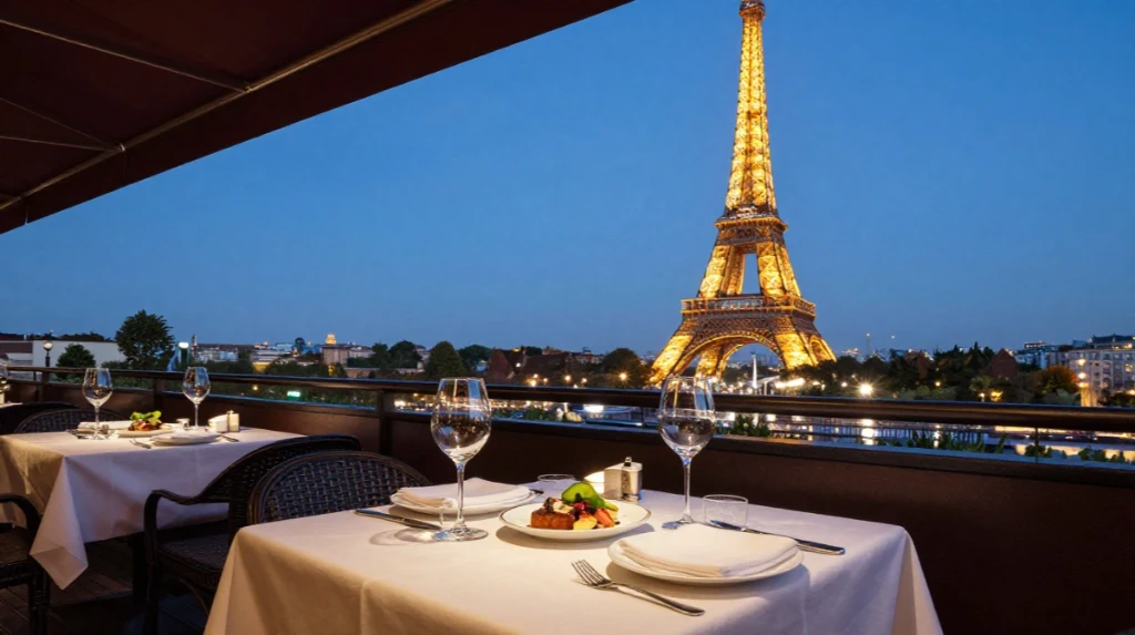 Dining at a Restaurant with a Tower View